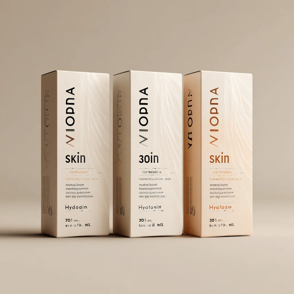 Three VIODNA skincare product boxes featuring Hydodin and Hyglow formulations in neutral beige packaging design