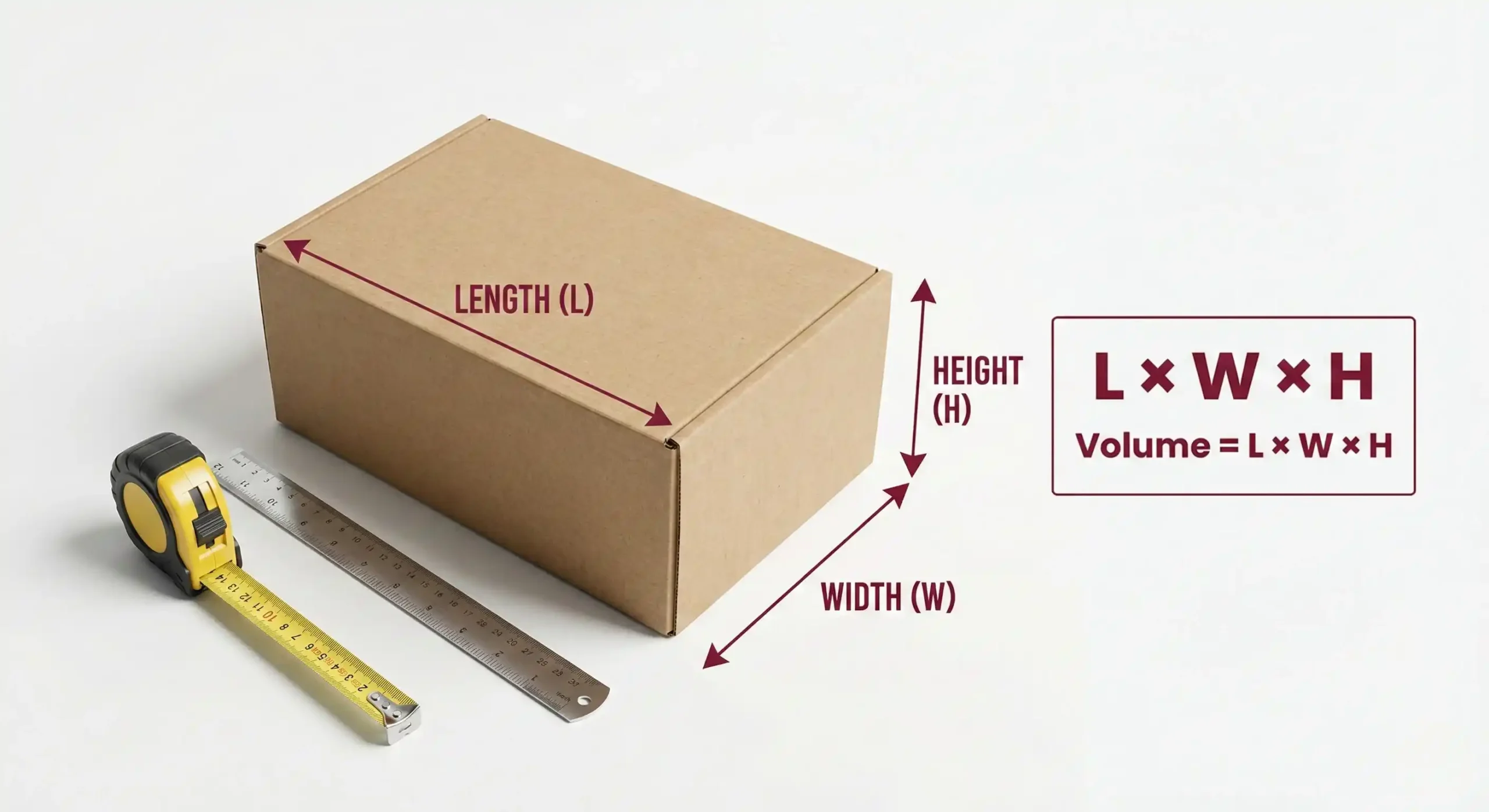 Length width height dimensions shown on a mailer box with measurement arrows and L × W × H formula