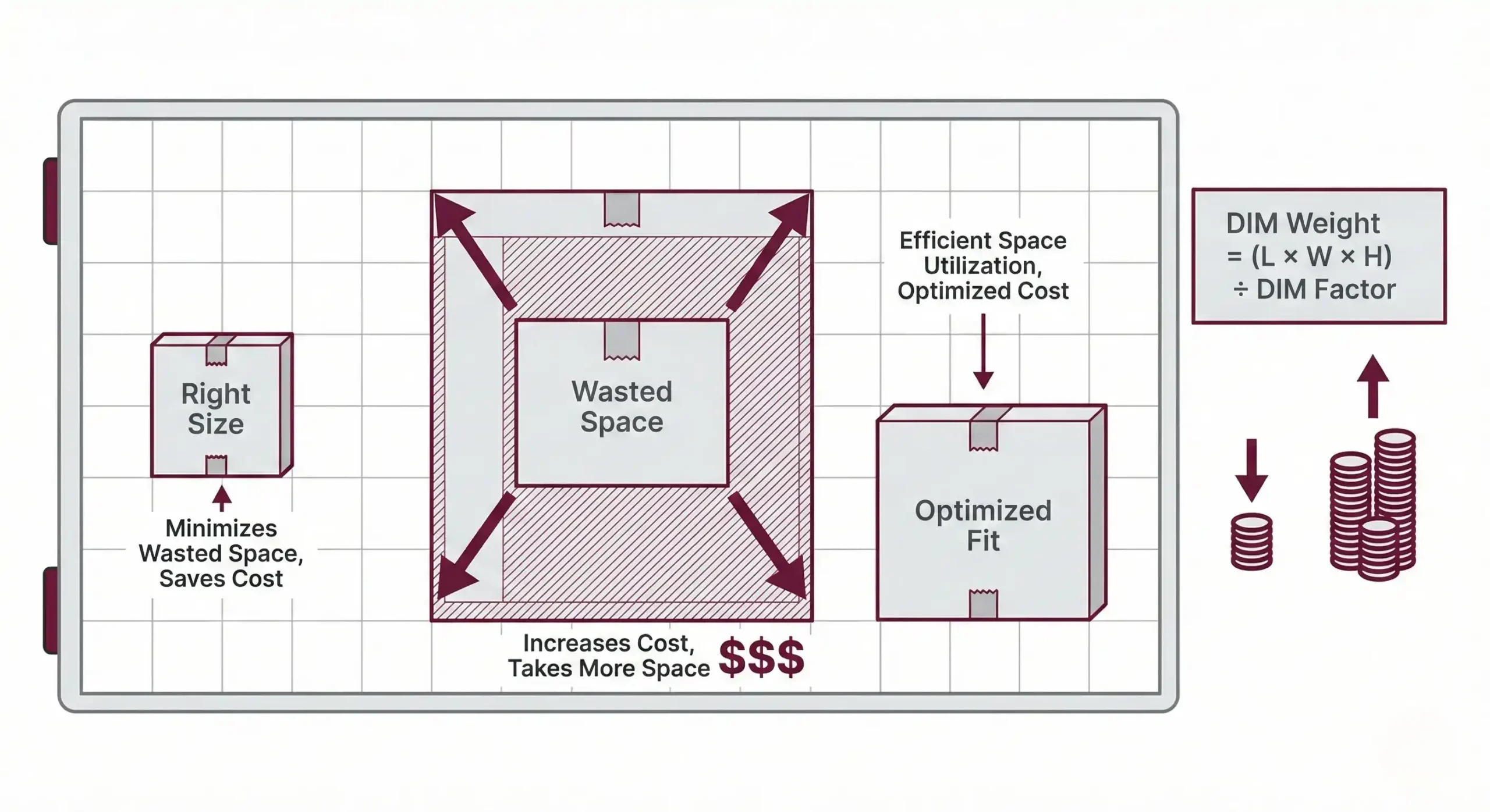 Dimensional weight infographic showing how box size affects shipping space and delivery cost