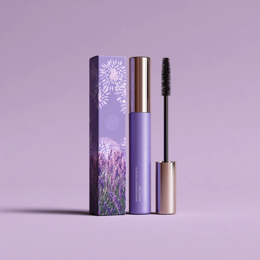 Purple mascara tube with floral packaging