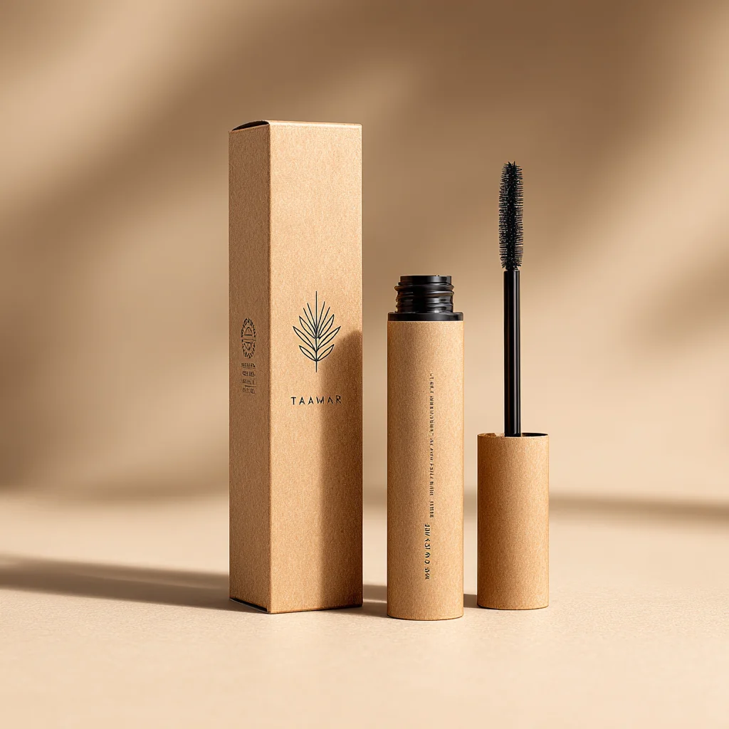 Brown mascara tube and packaging box