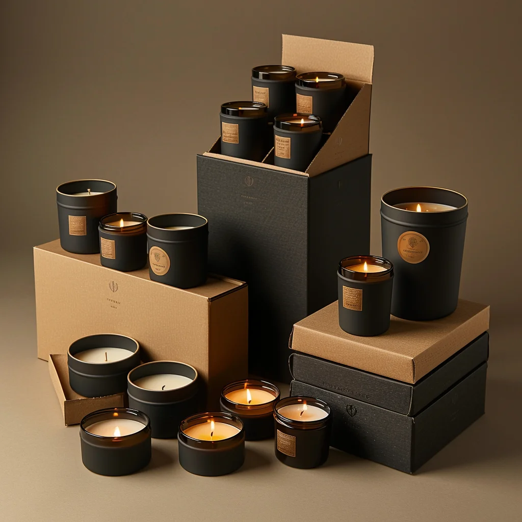 Luxury candle packaging collection featuring black candles in kraft boxes with lit flames displaying premium product presentation