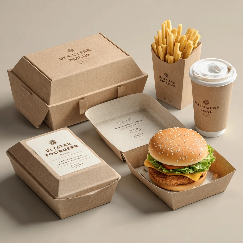 Grease-proof fast food boxes with burger & fries packaging in takeaway fast food containers