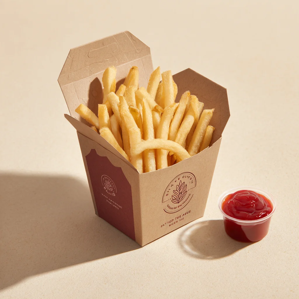 Printed fast food packaging featuring grease-proof fast food boxes for fries and dipping sauce
