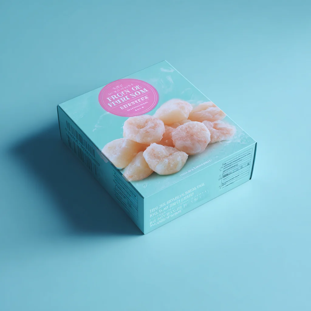 Frozen scallops packaged in teal printed carton, compact rectangular box for frozen seafood