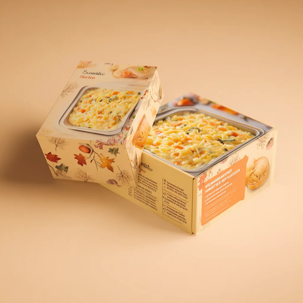 Printed frozen pasta meal box with baked macaroni image, retail-ready frozen meal carton