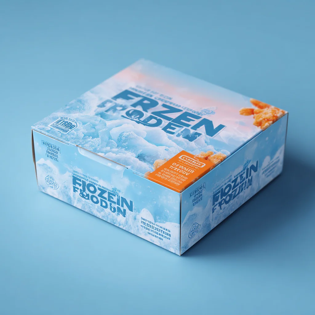 Printed frozen food box with glacier-style artwork and product details, sturdy retail carton for freezer storage