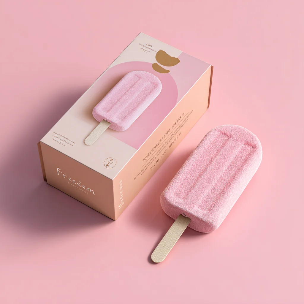 Pink frozen dessert box with strawberry ice cream bar beside it, premium carton for frozen desserts