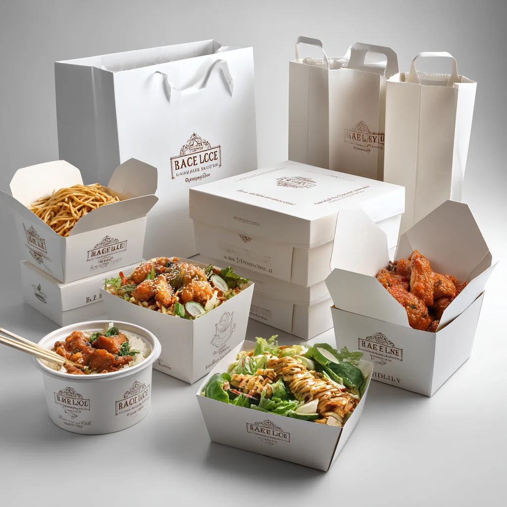 White custom takeout boxes and paper bags with printed logo, holding fried chicken, noodles, rice bowls, and fresh salad for restaurant delivery packaging Custom Takeout Food Packaging Set