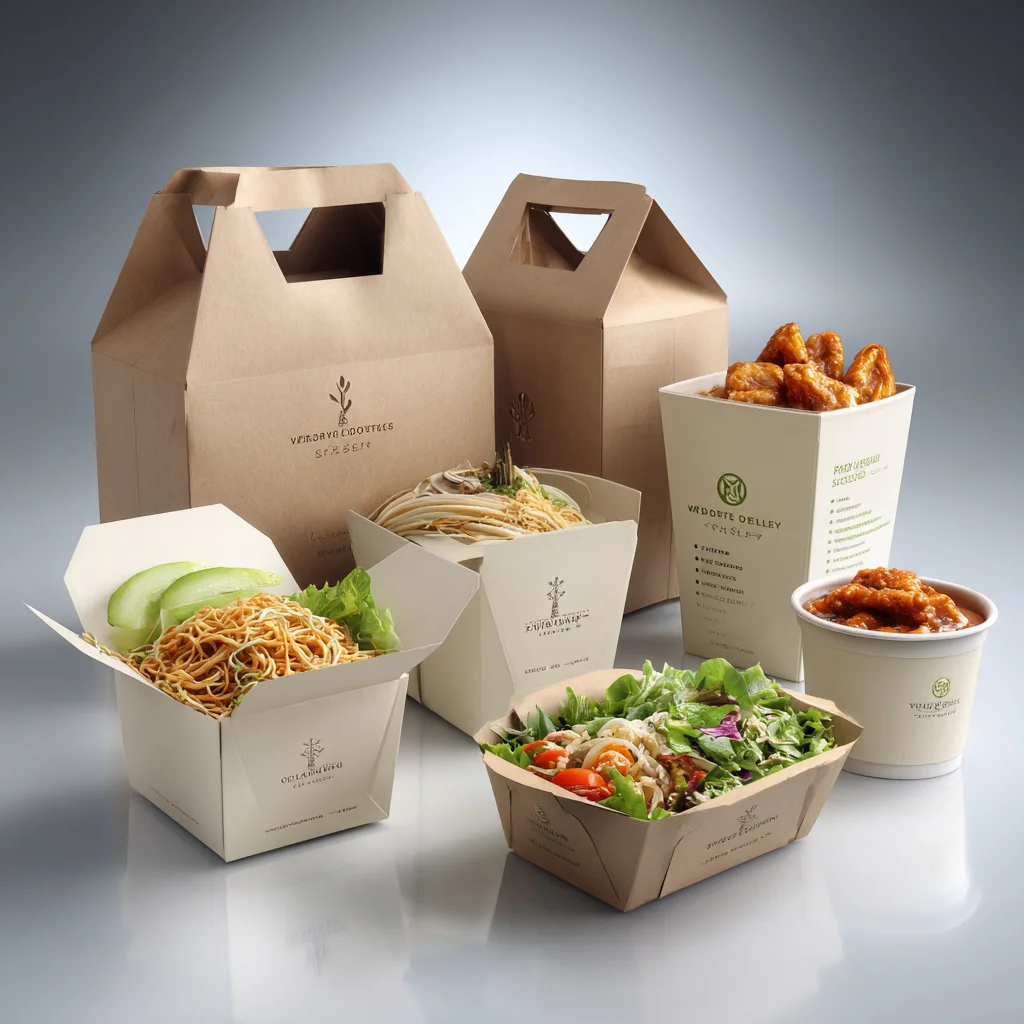 Eco-friendly kraft paper food packaging containers with takeout boxes, salad bowls, and branded carry bags for restaurants