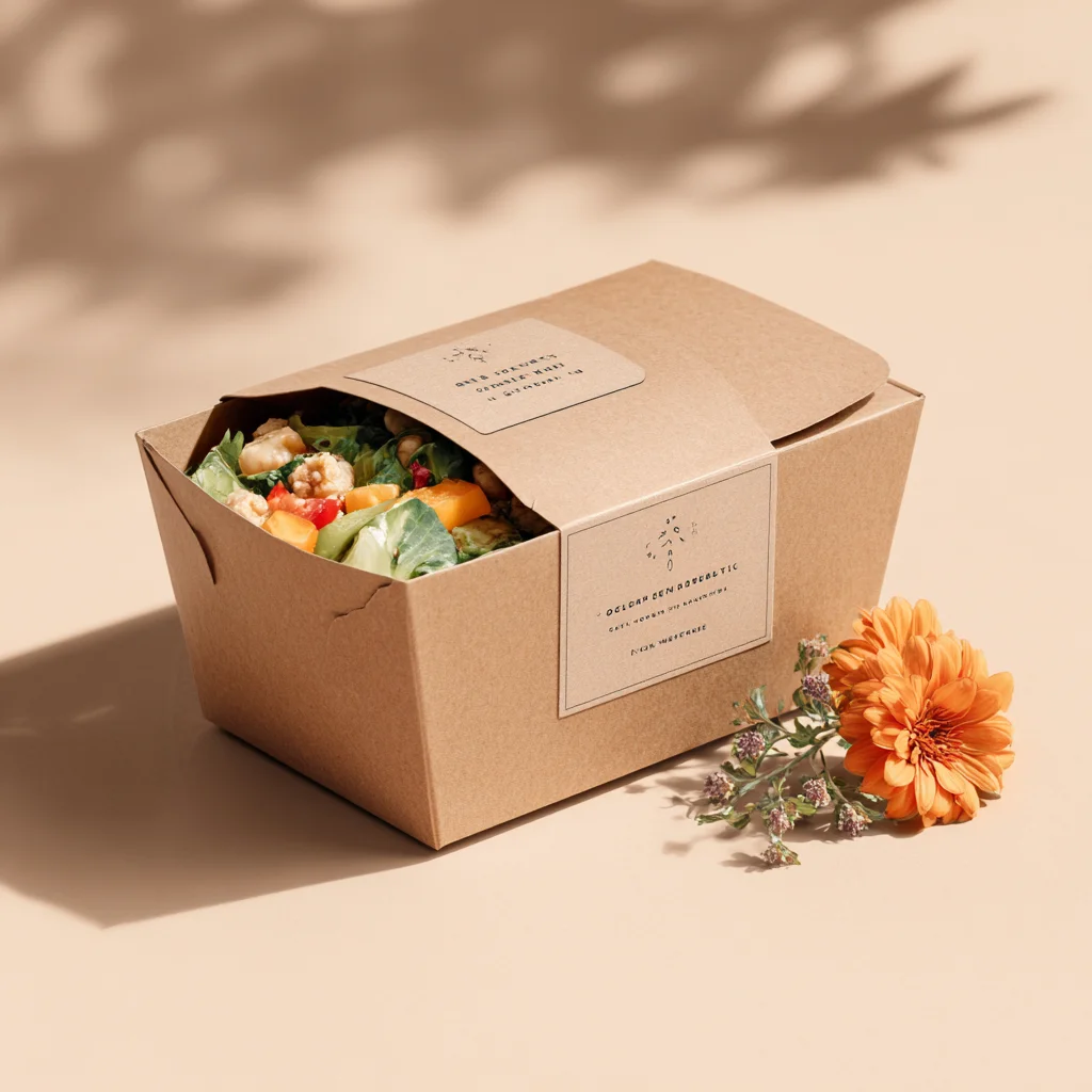Food grade kraft cardboard takeout box with salad peeking out, lifestyle shot with a flower on beige background.