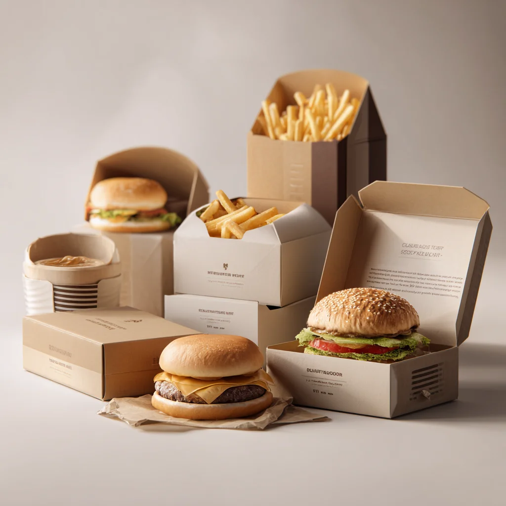 Food grade cardboard burger boxes and fry cartons arranged as a fast food packaging set on a light background.