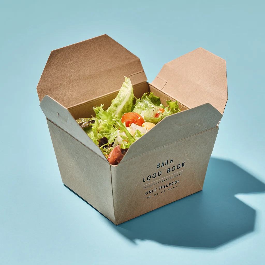 Food grade kraft cardboard salad box open with mixed greens and tomatoes, blue studio background.