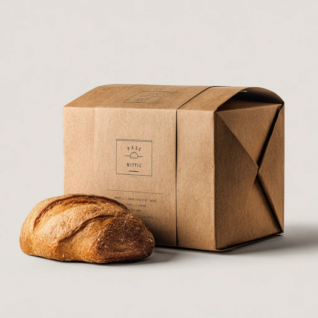 Food grade kraft cardboard bread or loaf box with wrap-style fold, bread loaf beside on a white background.