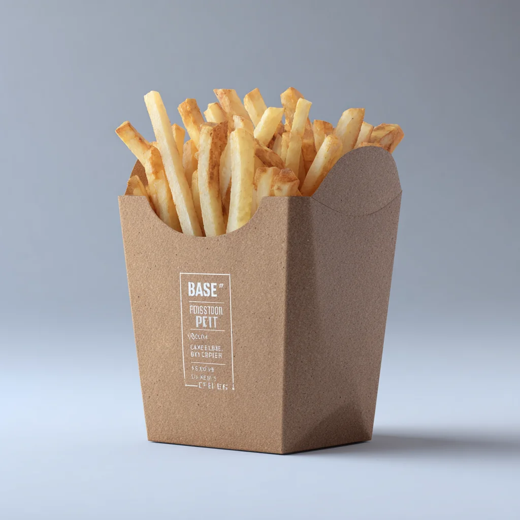 Food grade kraft cardboard fry holder with printed label and fries, modern takeout packaging photo.