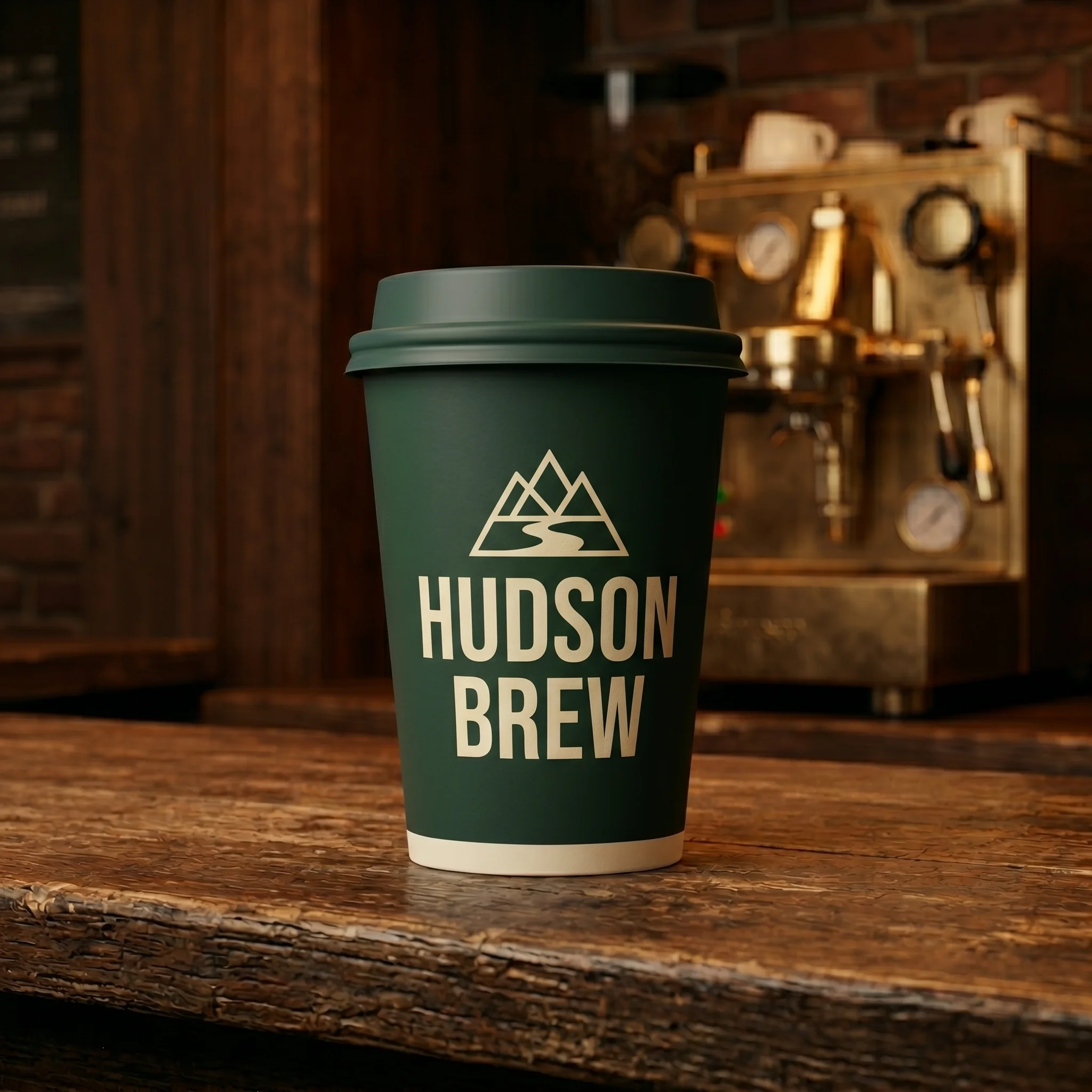 Green Hudson Brew coffee cup with mountain logo on rustic wooden table beside brass espresso machine in warm cafe setting