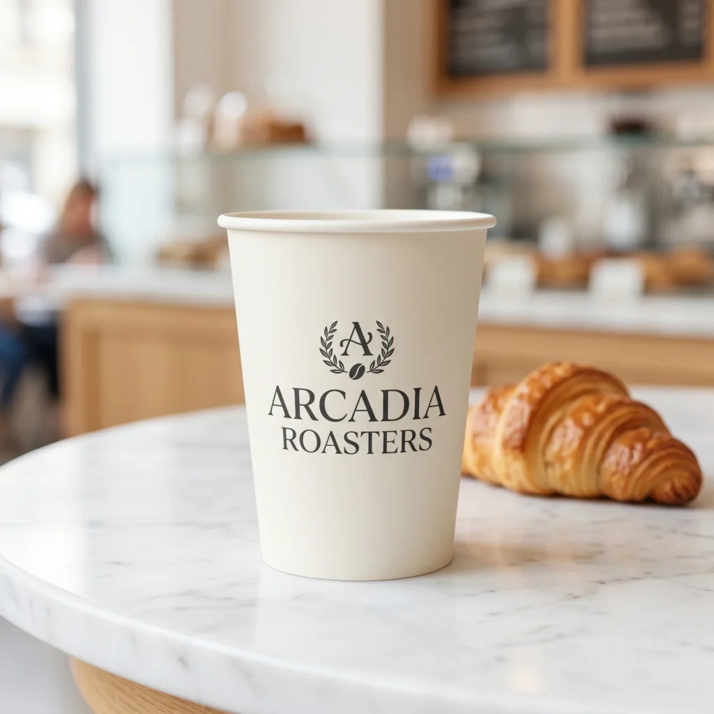 White coffee cup with Arcadia Roasters logo next to golden croissant on marble counter in bright modern cafe setting