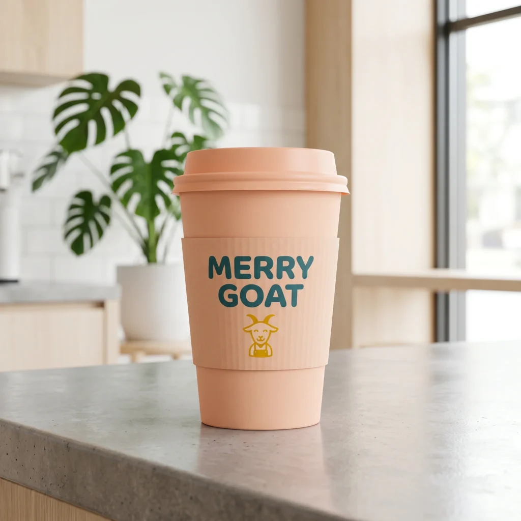 Merry Goat pink coffee cup with lid on granite countertop in modern kitchen with monstera plant and natural lighting