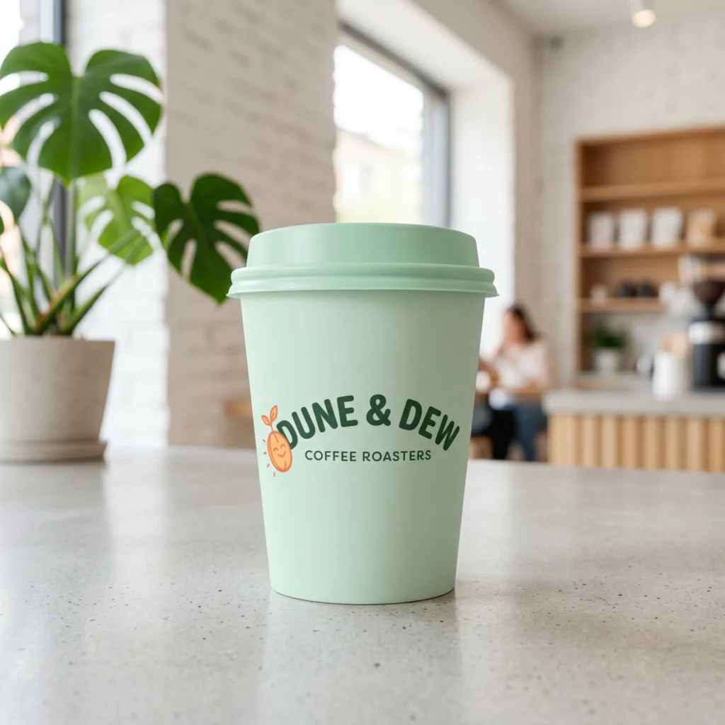 Light green coffee cup with Dune & Dew Coffee Roasters branding on white counter in modern cafe with monstera plant