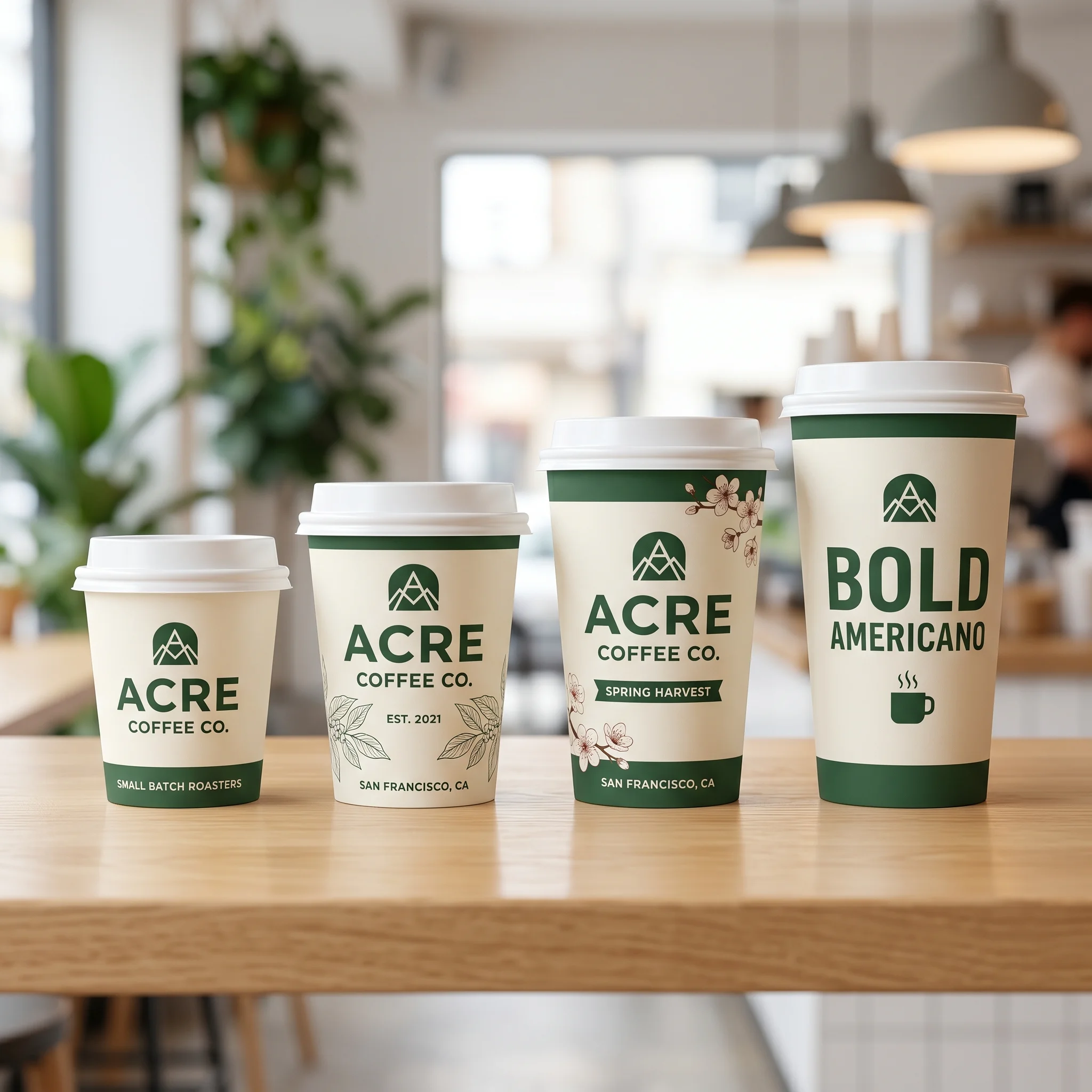 Four branded coffee cups in different sizes displaying ACRE Coffee Co. logo and green packaging design on wooden table in modern cafe setting