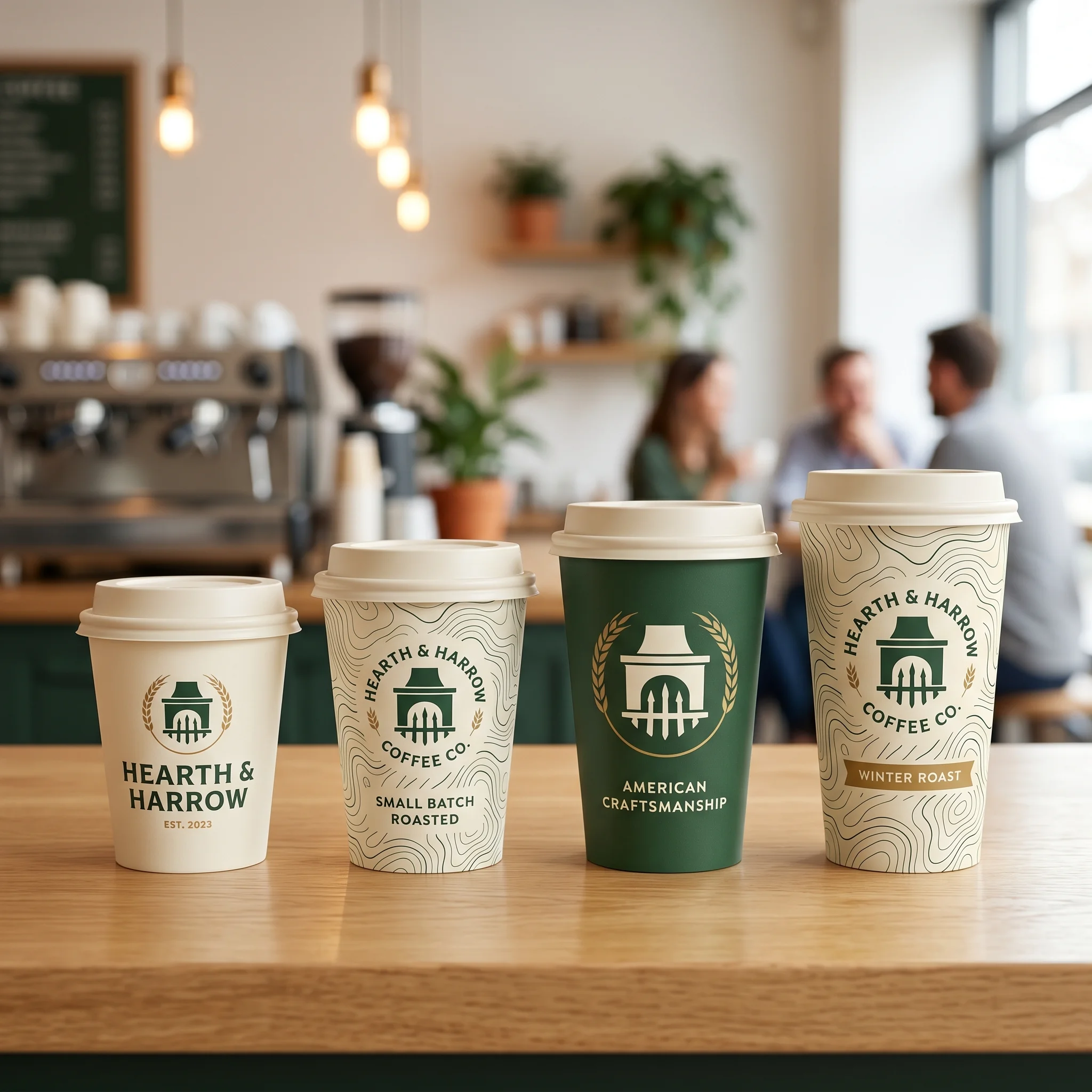 Four branded coffee cups with custom packaging design on wooden counter in modern cafe with warm lighting and blurred customers