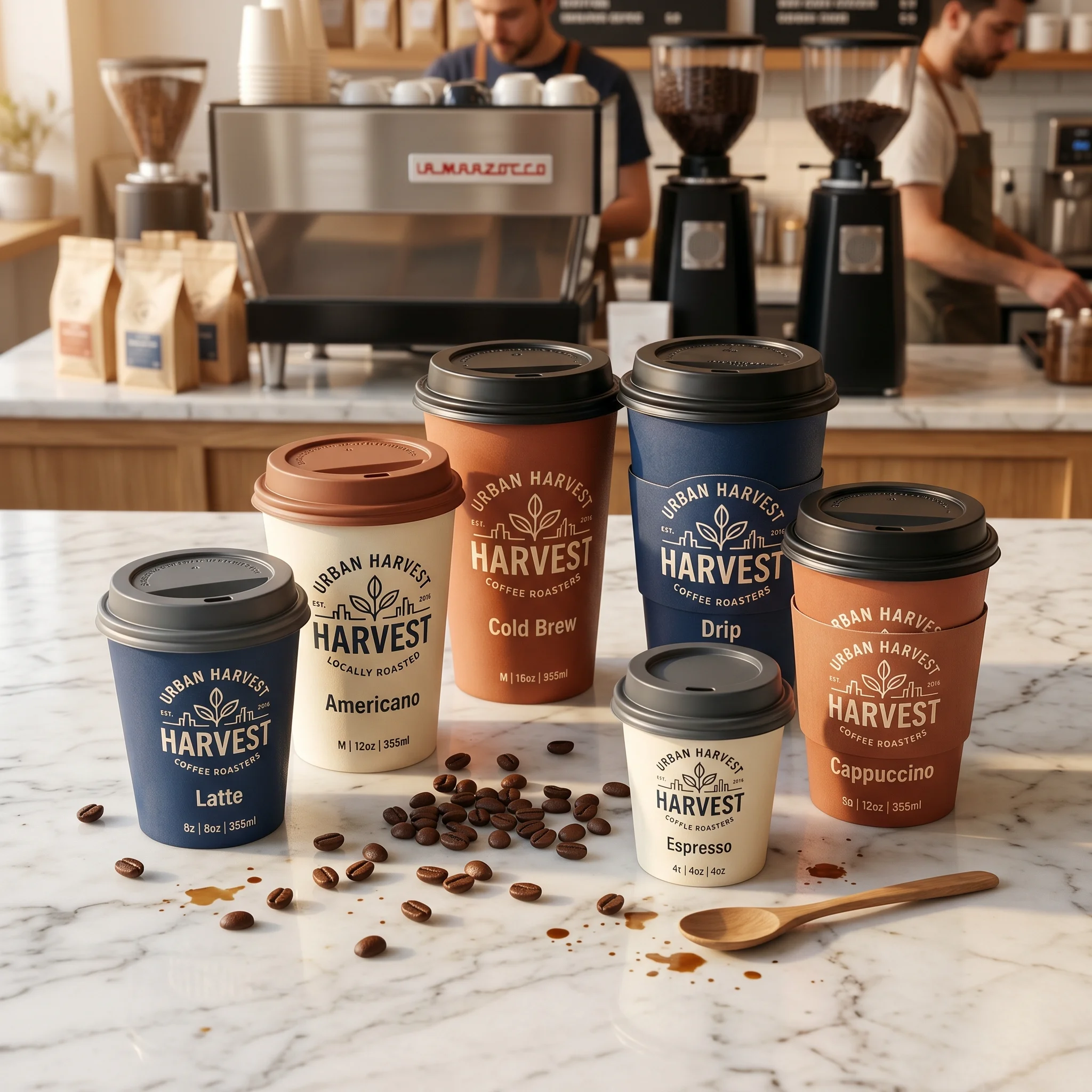 Urban Harvest coffee cups display featuring branded packaging in blue, orange, and cream colors with coffee beans scattered on marble counter in mo...