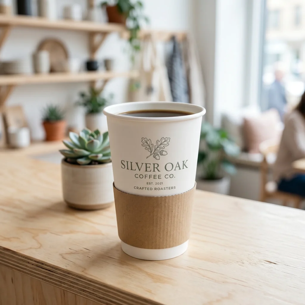 Silver Oak Coffee Co. takeaway cup with brown sleeve on wooden counter in bright modern cafe interior with plants