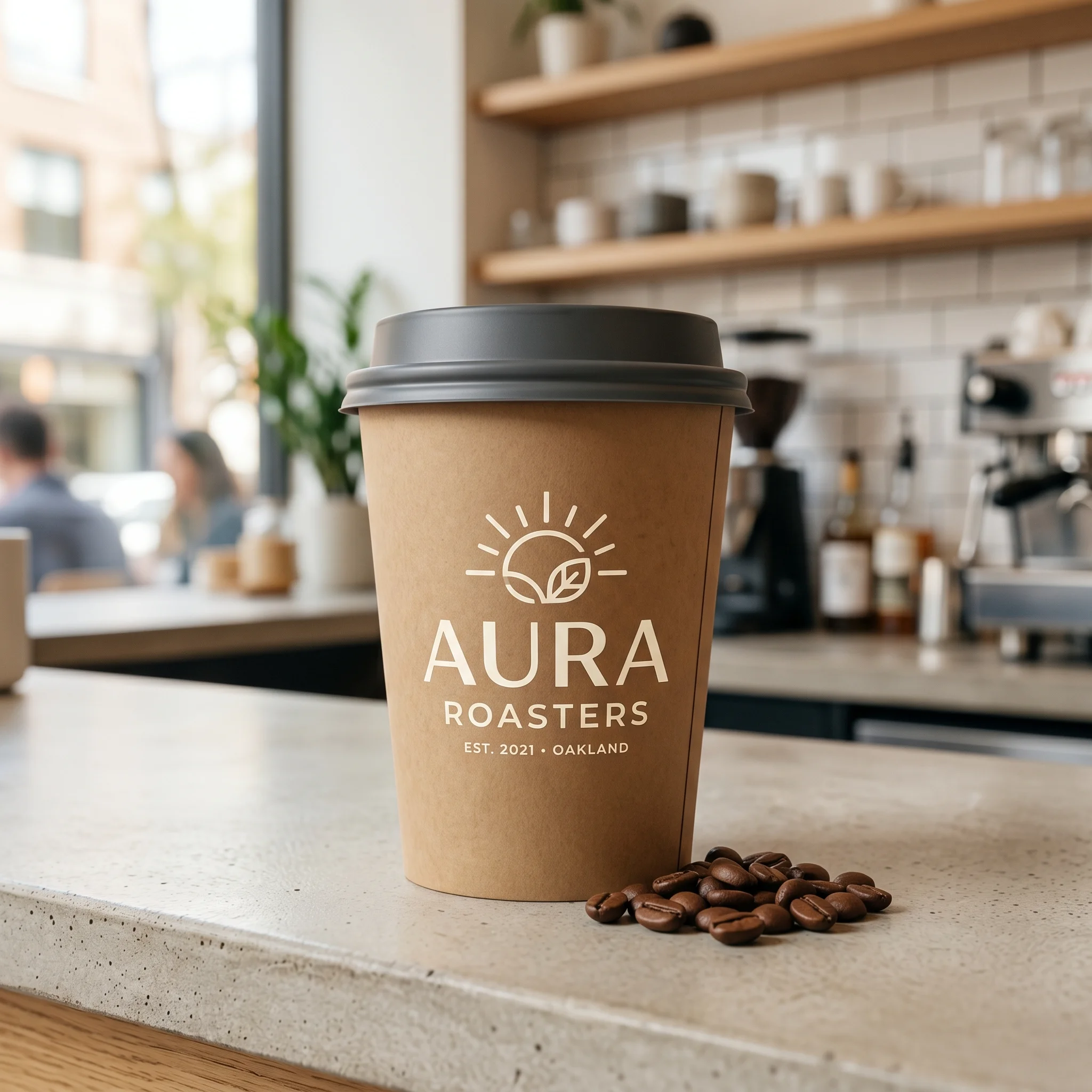 Brown kraft coffee cup with black lid featuring Aura Roasters logo on marble counter with scattered coffee beans in modern cafe setting
