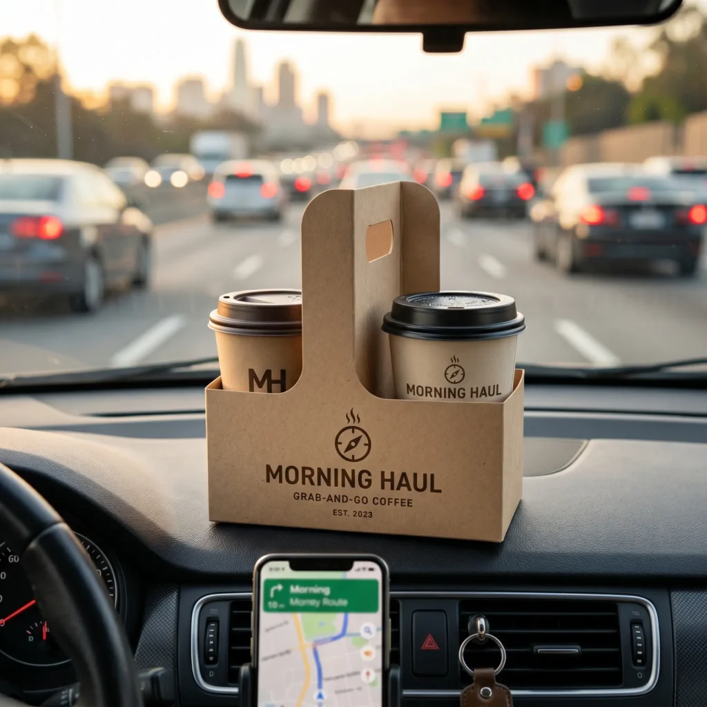 Morning Haul coffee packaging design with cardboard carrier holding two takeaway cups on car dashboard during traffic commute