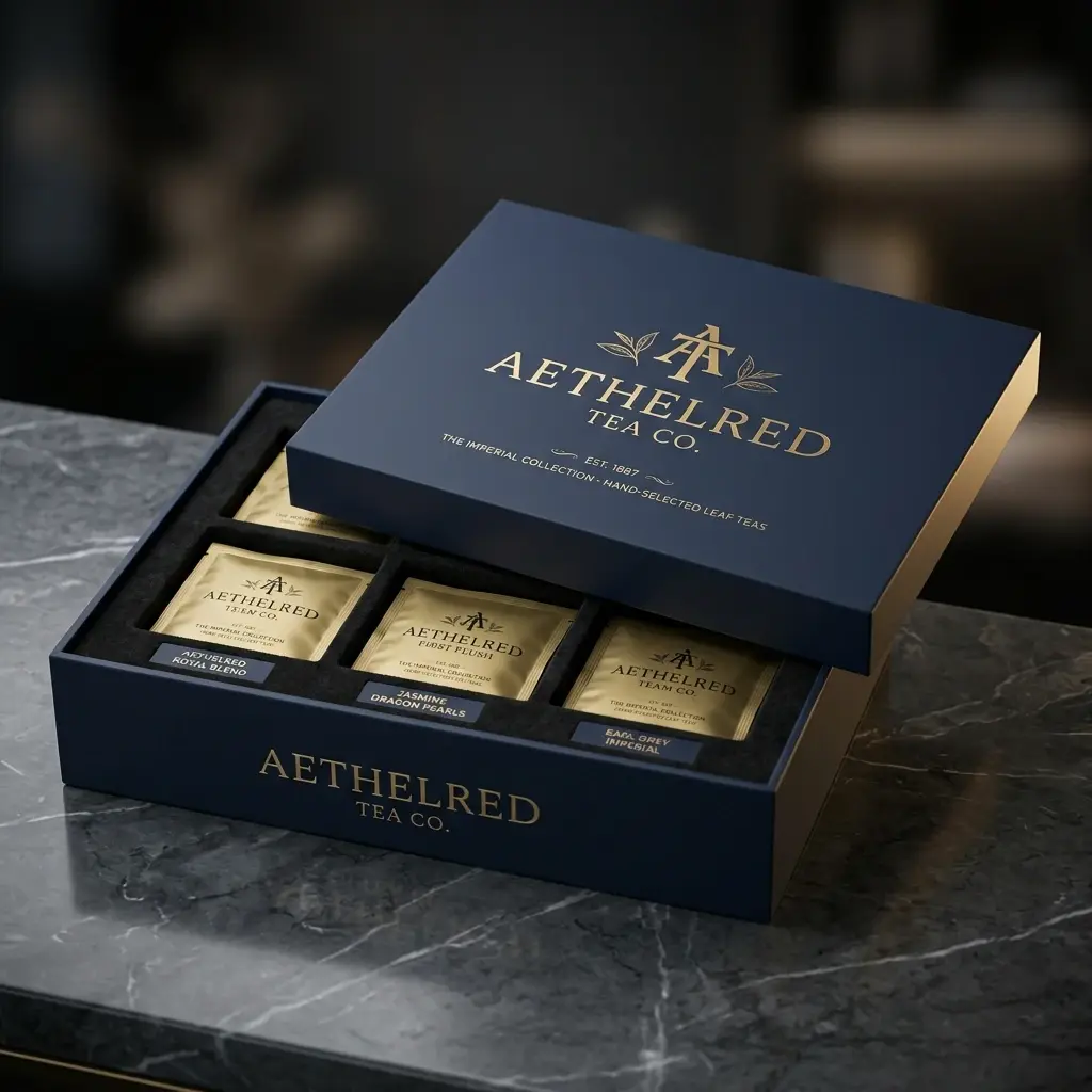 Luxury navy blue tea gift box with gold accents displaying Aethelred Tea Co. Imperial Collection on marble surface