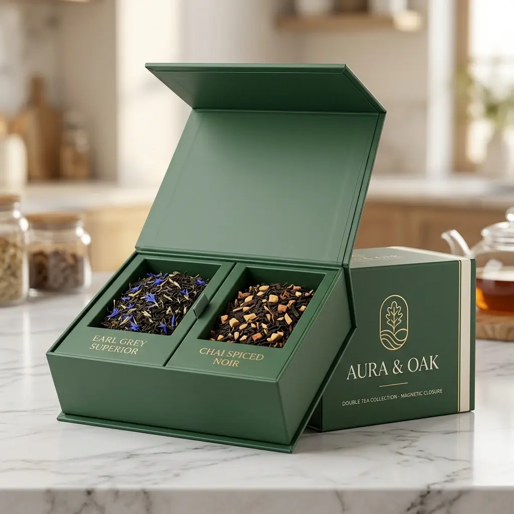 Elegant green tea gift box with magnetic closure displaying Earl Grey Superior and Chai Spiced Noir loose leaf teas on marble kitchen counter
