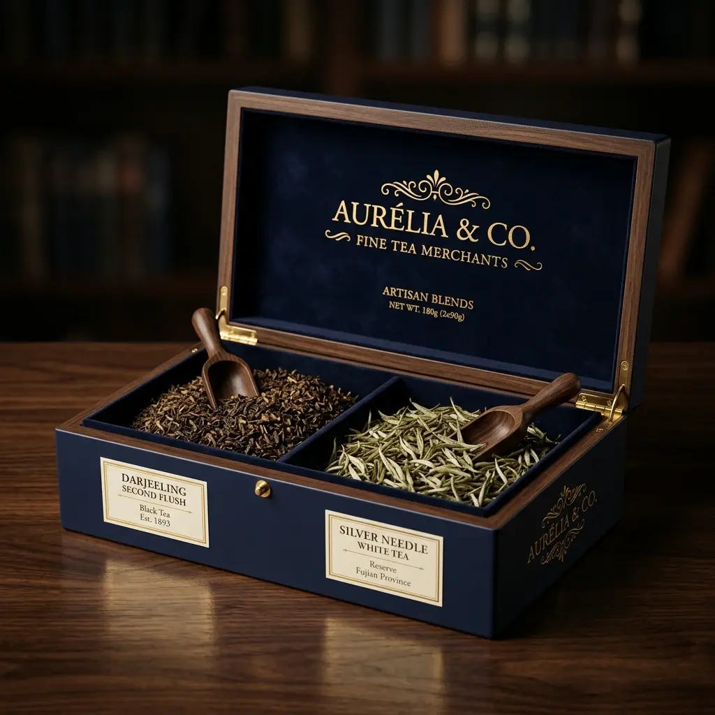 Luxury navy blue tea gift box with gold lettering displaying Darjeeling black tea and Silver Needle white tea with wooden scoops