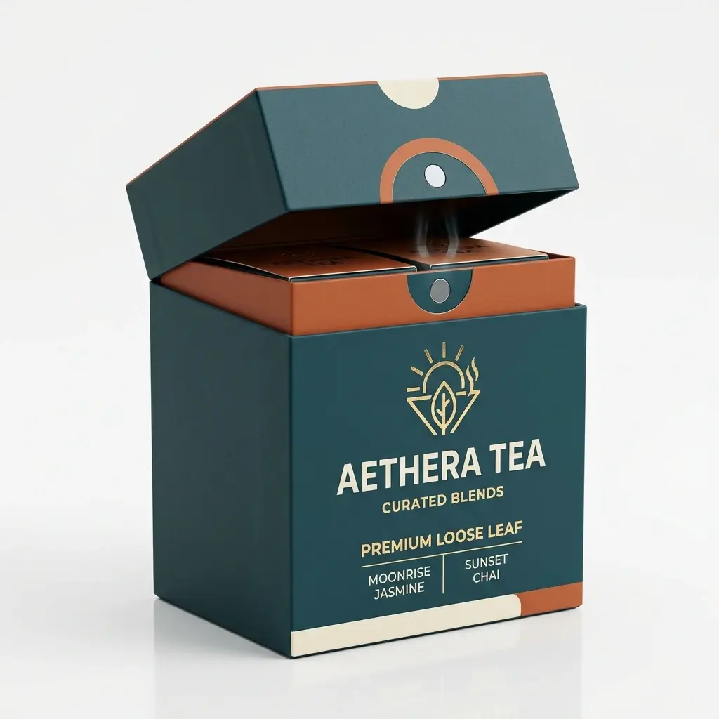 Premium teal and orange tea packaging box with hinged lid open, displaying Aethera Tea curated blends loose leaf design