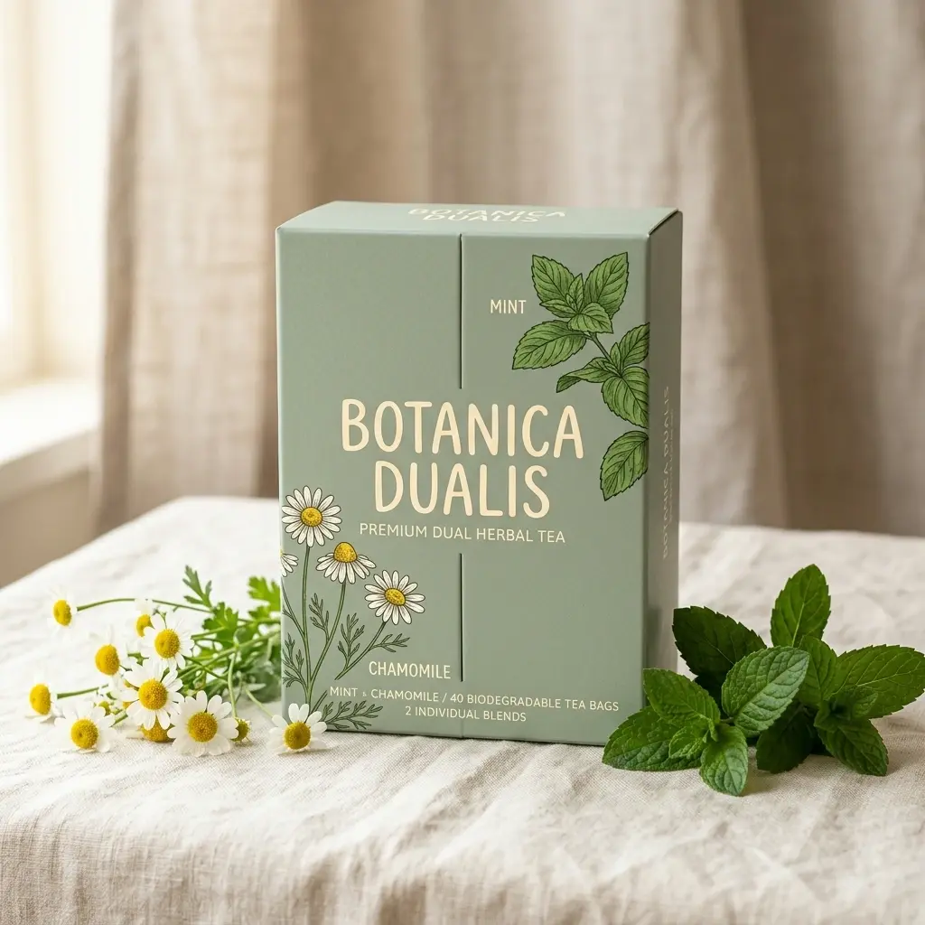 Botanica Dualis premium herbal tea box in sage green with mint and chamomile botanical illustrations on white linen surface