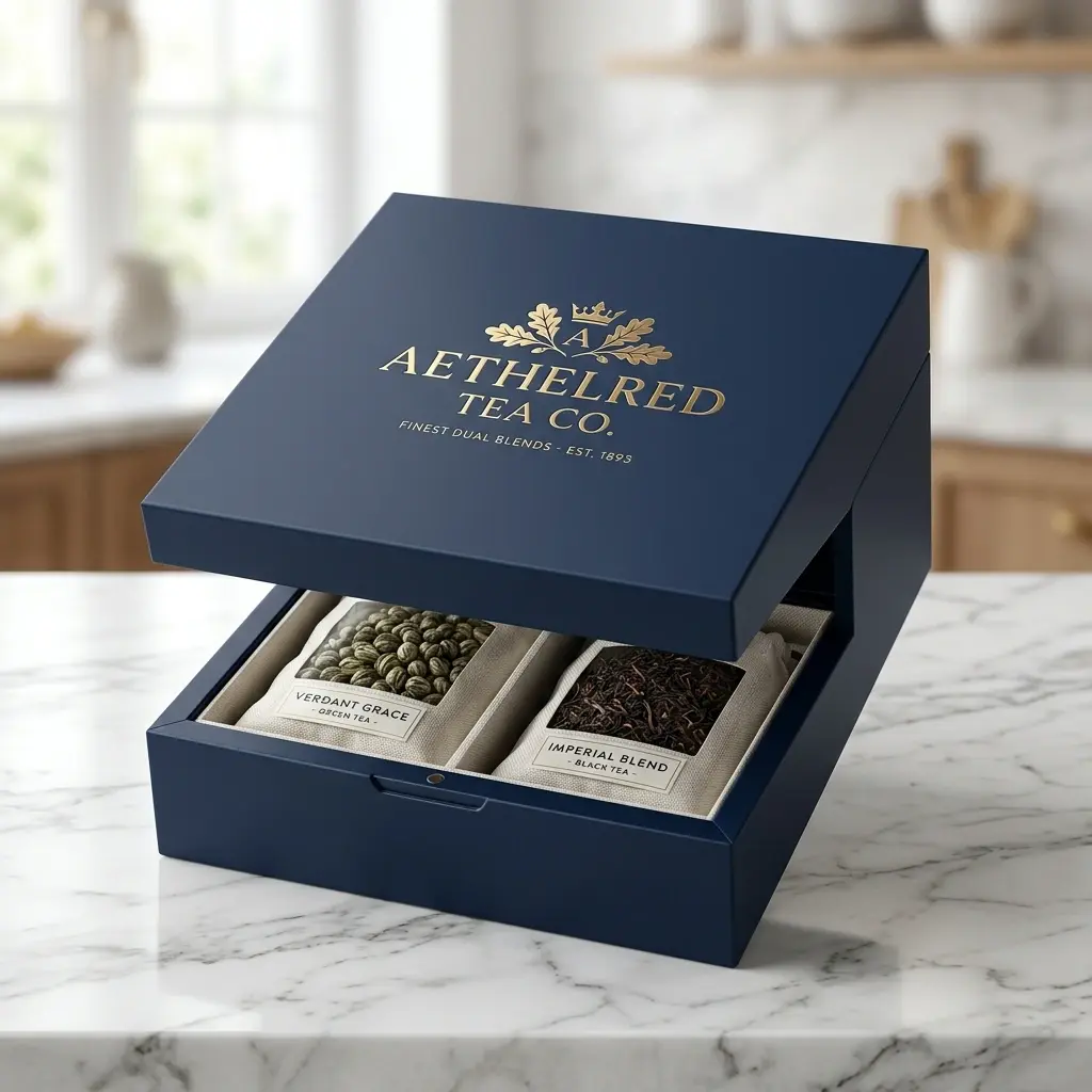 Premium navy blue tea gift box with gold Aethelred Tea Co. branding containing two tea varieties on white marble counter