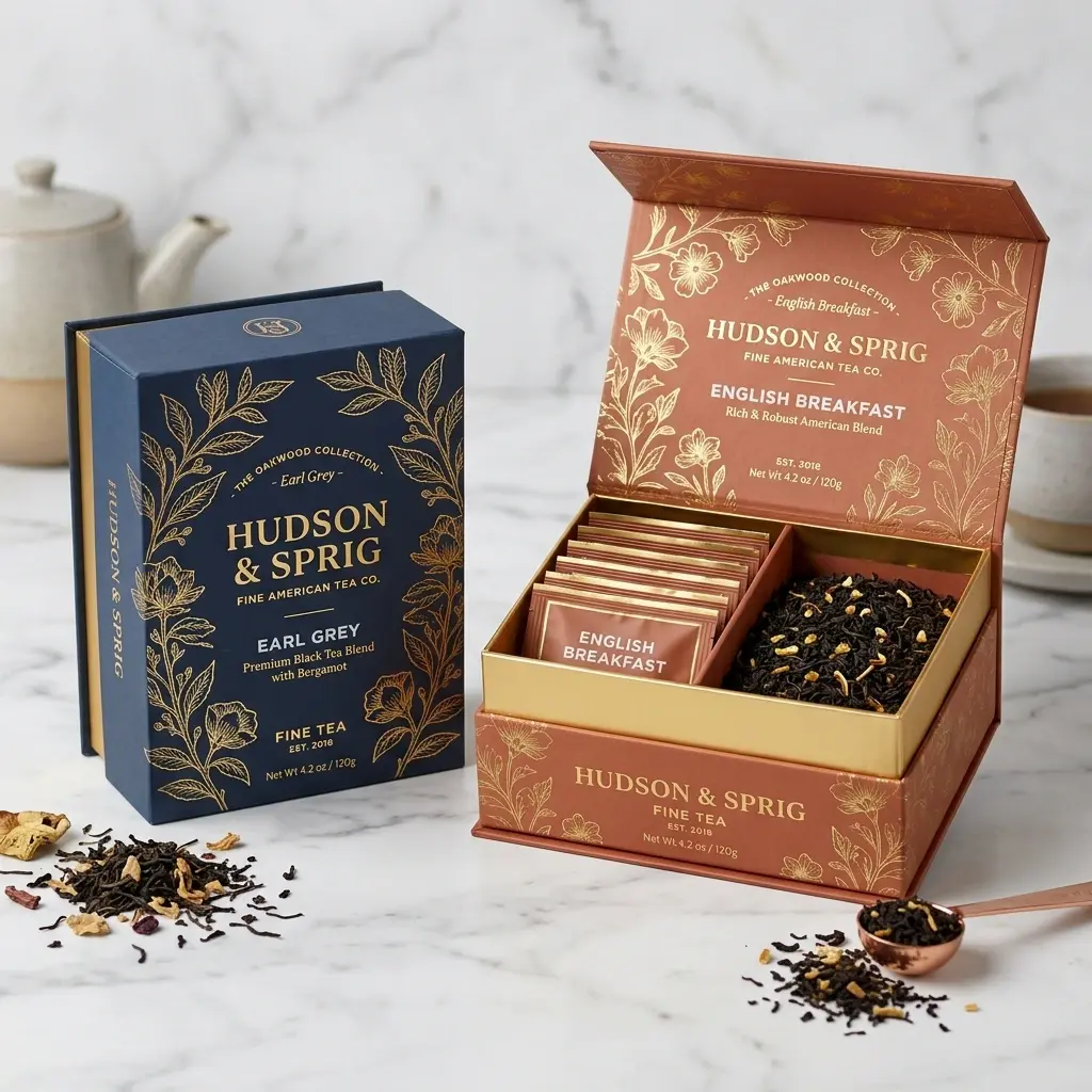 Premium Hudson & Sprig tea packaging boxes in navy blue and copper orange with elegant floral designs, loose tea scattered on marble surface