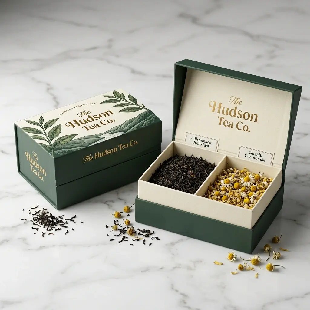 Elegant green Hudson Tea Co. gift box packaging with premium loose leaf tea varieties on marble surface