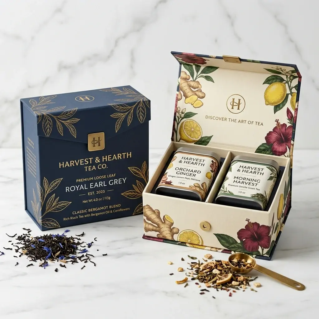 Premium tea packaging design featuring Harvest & Hearth blue Earl Grey box and floral gift set with loose tea leaves on marble surface