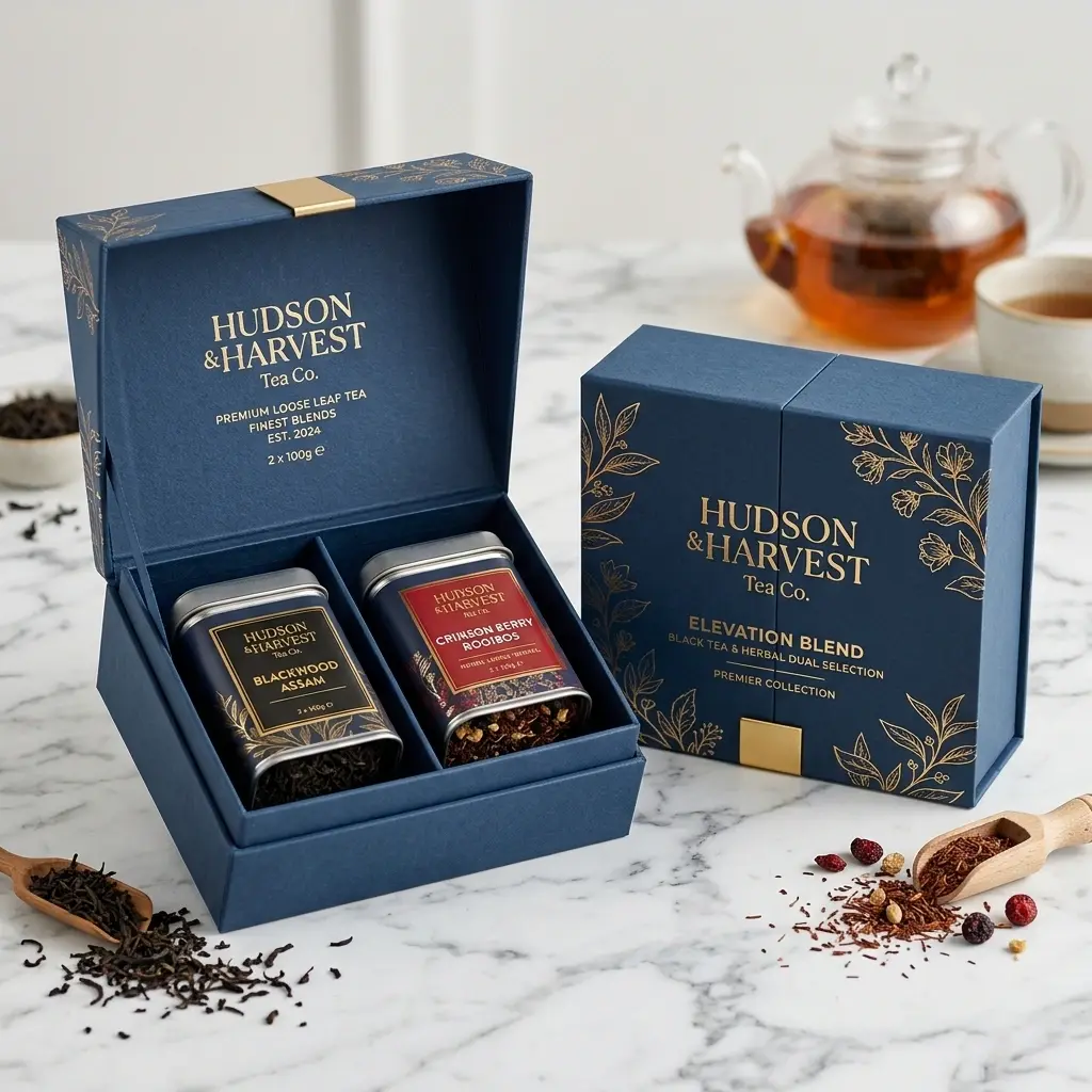 Premium Hudson & Harvest luxury tea gift sets in navy blue packaging on marble counter with loose tea leaves and glass teapot