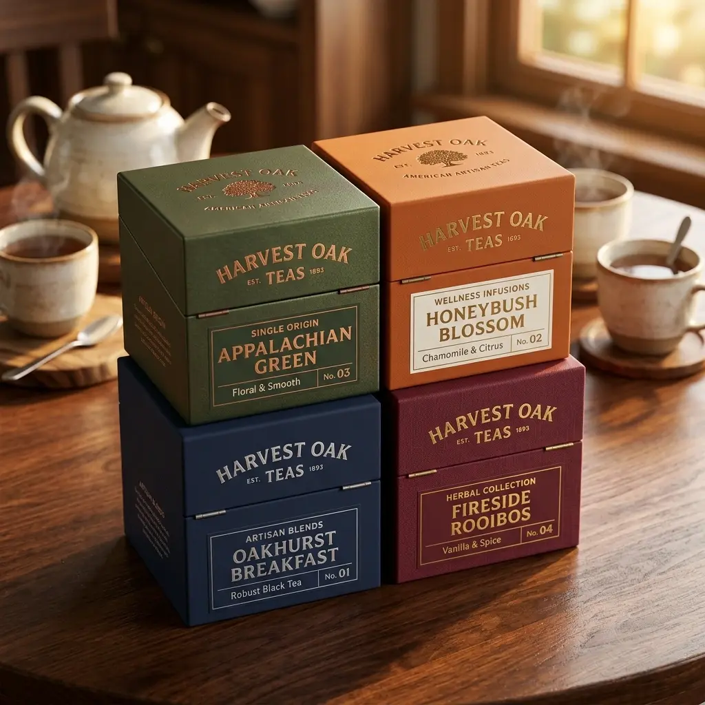 Four colorful Harvest Oak tea boxes stacked on wooden table with white teapot and cups in cozy kitchen setting