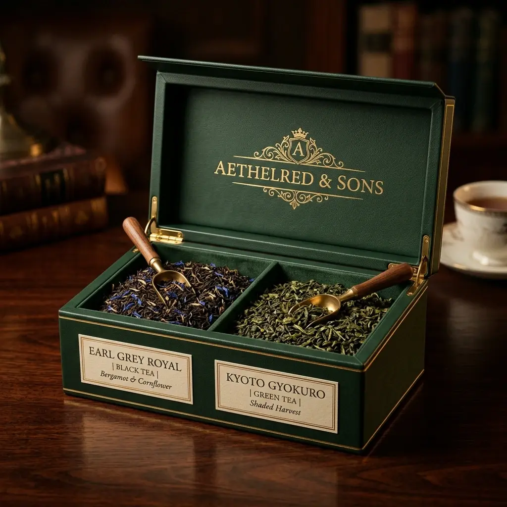 Premium green tea gift box by Aethelred & Sons featuring Earl Grey Royal and Kyoto Gyokuro with brass scoops on wooden table