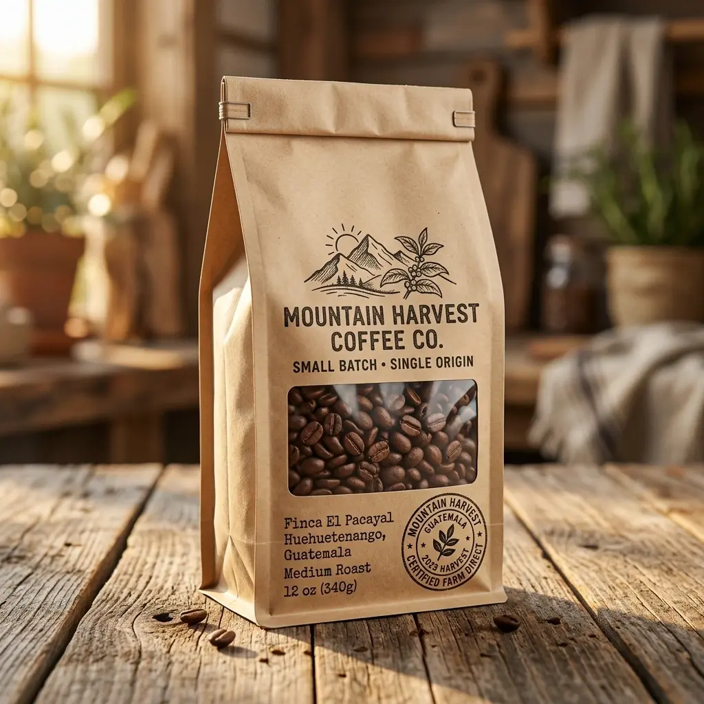 Mountain Harvest Coffee Co. kraft paper bag with window showing dark roasted beans on rustic wooden table in warm sunlit cafe setting
