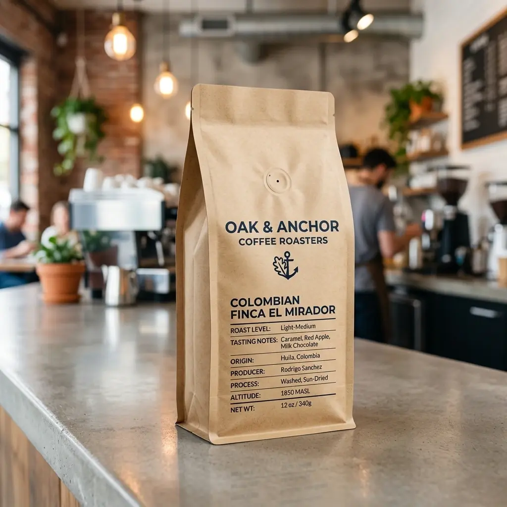 Colombian coffee packaging bag from Oak & Anchor Coffee Roasters displayed on cafe counter with warm industrial lighting and brick walls