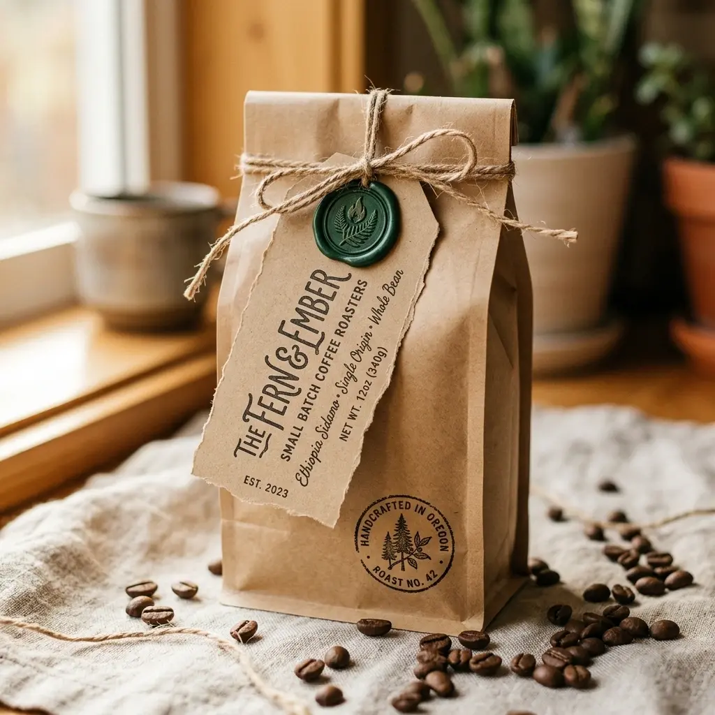 Artisan coffee packaging bag with brown kraft paper, green wax seal, twine bow and scattered coffee beans on rustic linen surface