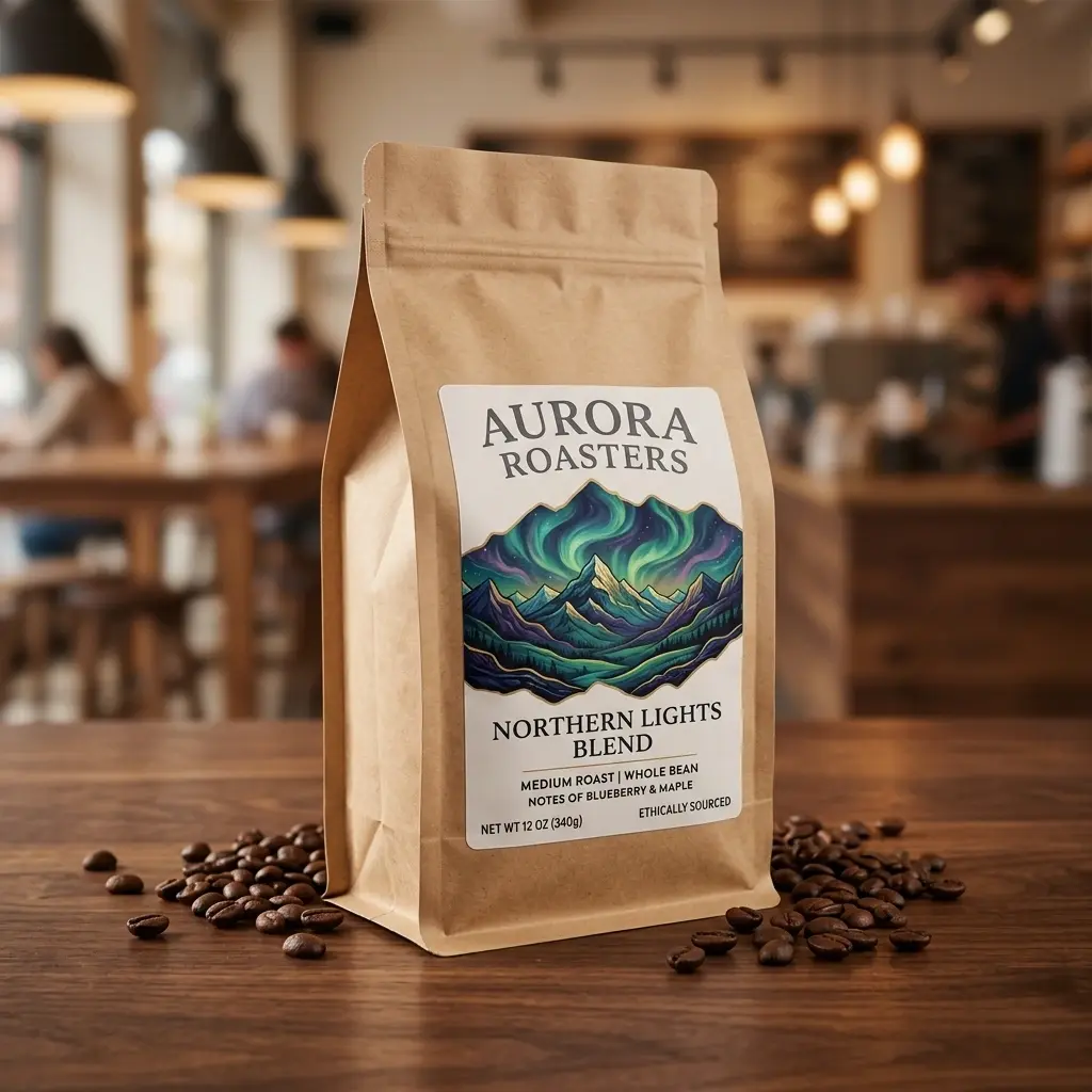 Aurora Roasters Northern Lights Blend coffee bag on wooden table with scattered coffee beans in cozy cafe setting