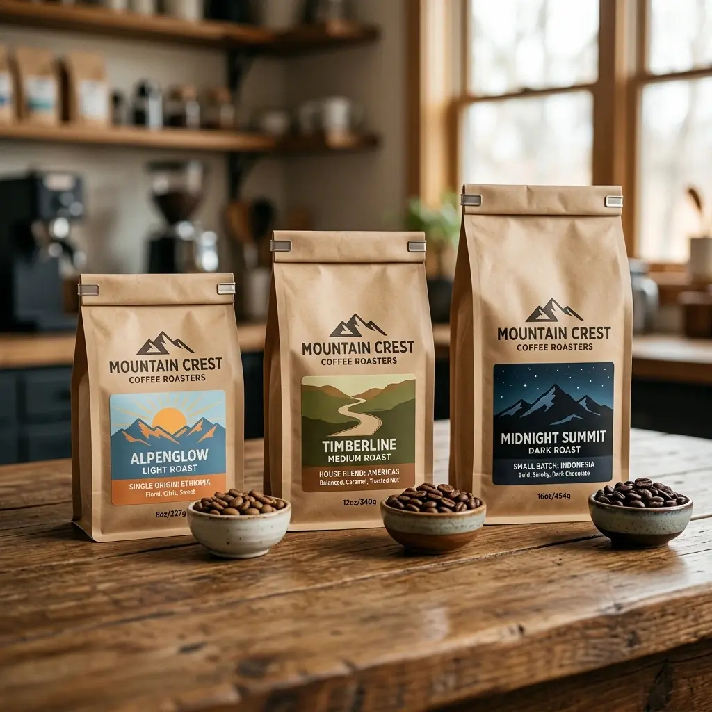 Three kraft paper coffee bags from Mountain Crest Coffee Roasters on rustic wooden table with coffee beans in bowls