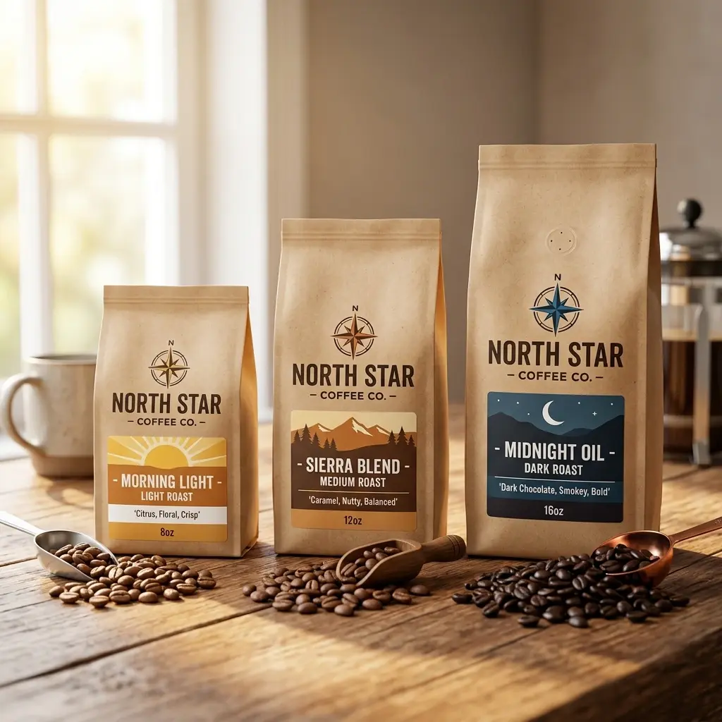 Three North Star Coffee bags in different sizes displaying Morning Light, Sierra Blend, and Midnight Oil varieties with coffee beans scattered on w...