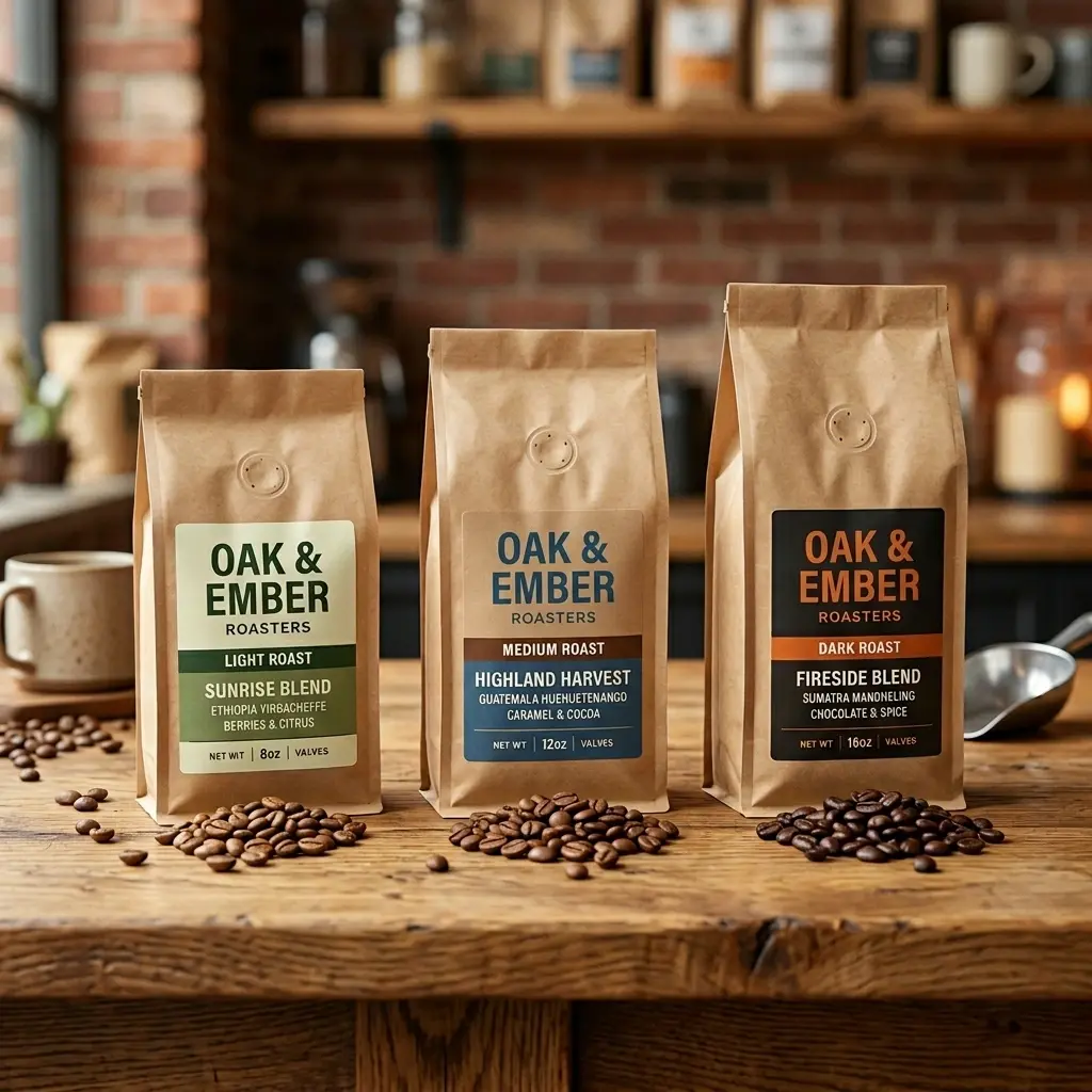 Three Oak & Ember coffee roasters bags on wooden table - light, medium, dark roast blends with custom kraft paper packaging design