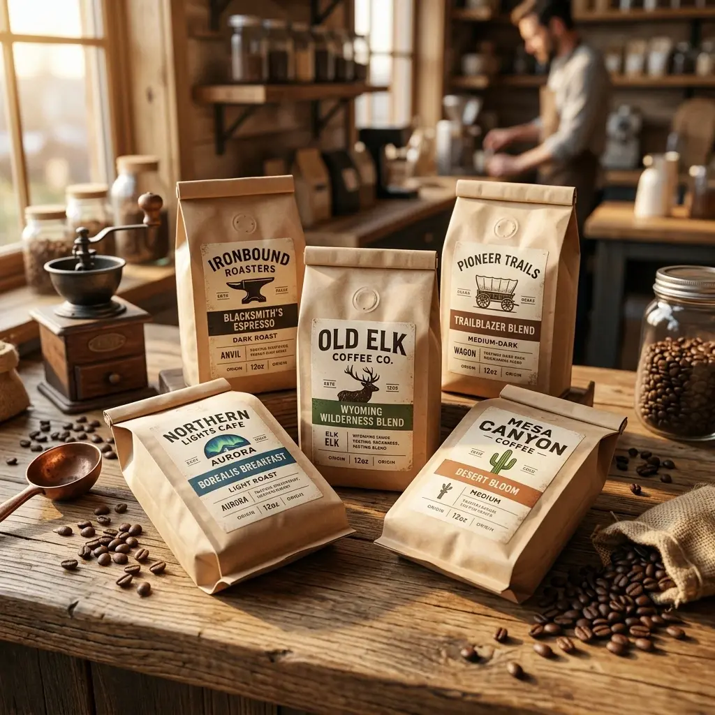 Rustic coffee packaging bags with western themed branding displayed on wooden table in vintage kitchen setting with coffee beans