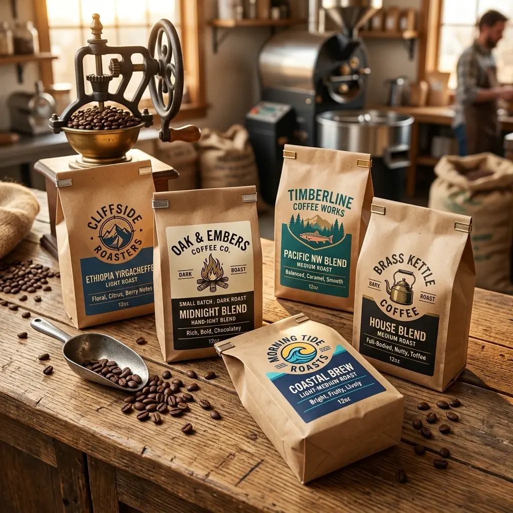 Coffee packaging bags from different roasters displayed on rustic wooden table with vintage grinder and roasting equipment in artisanal coffee shop